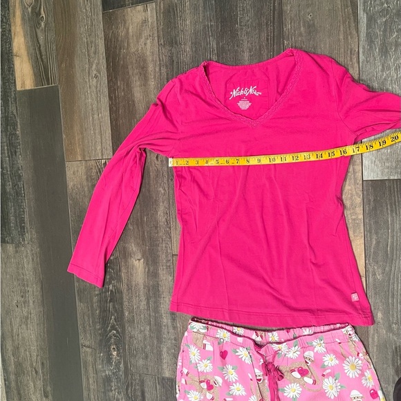 Nick & Nora Sock Monkey Daisy Heart Flannel Pajama Lounge Set Medium Pink - Picture 3 of 9